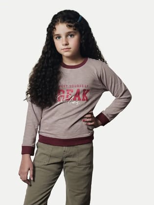 Girls Brown Printed Melange Sweatshirt