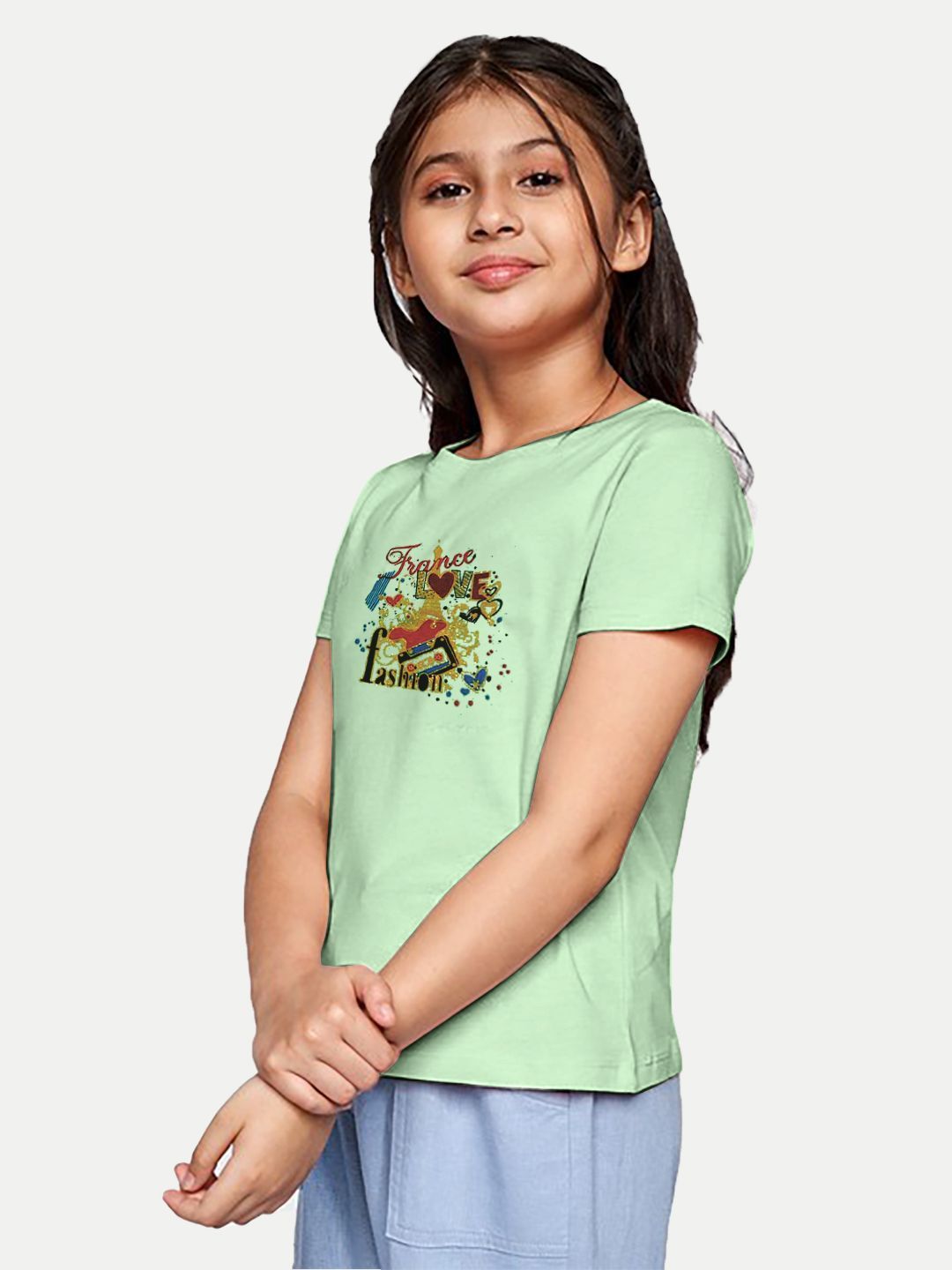 Girls Olive Printed Crew Neck T-shirt with Frill-detail