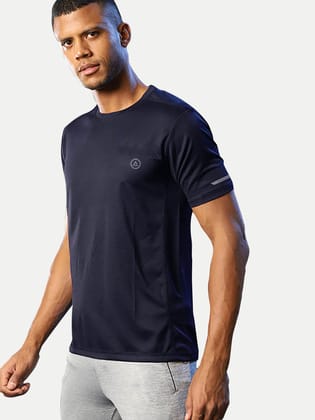 Men Navy Polyester Active Crew Neck T-Shirt