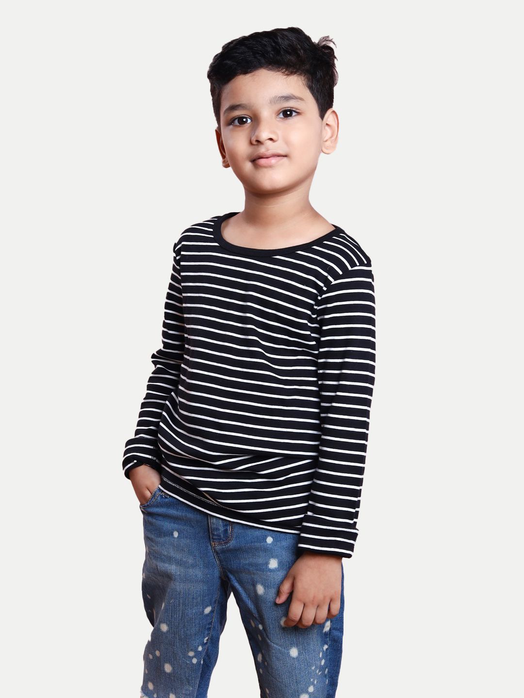 Boys Black Striped Full-sleeve T-shirt