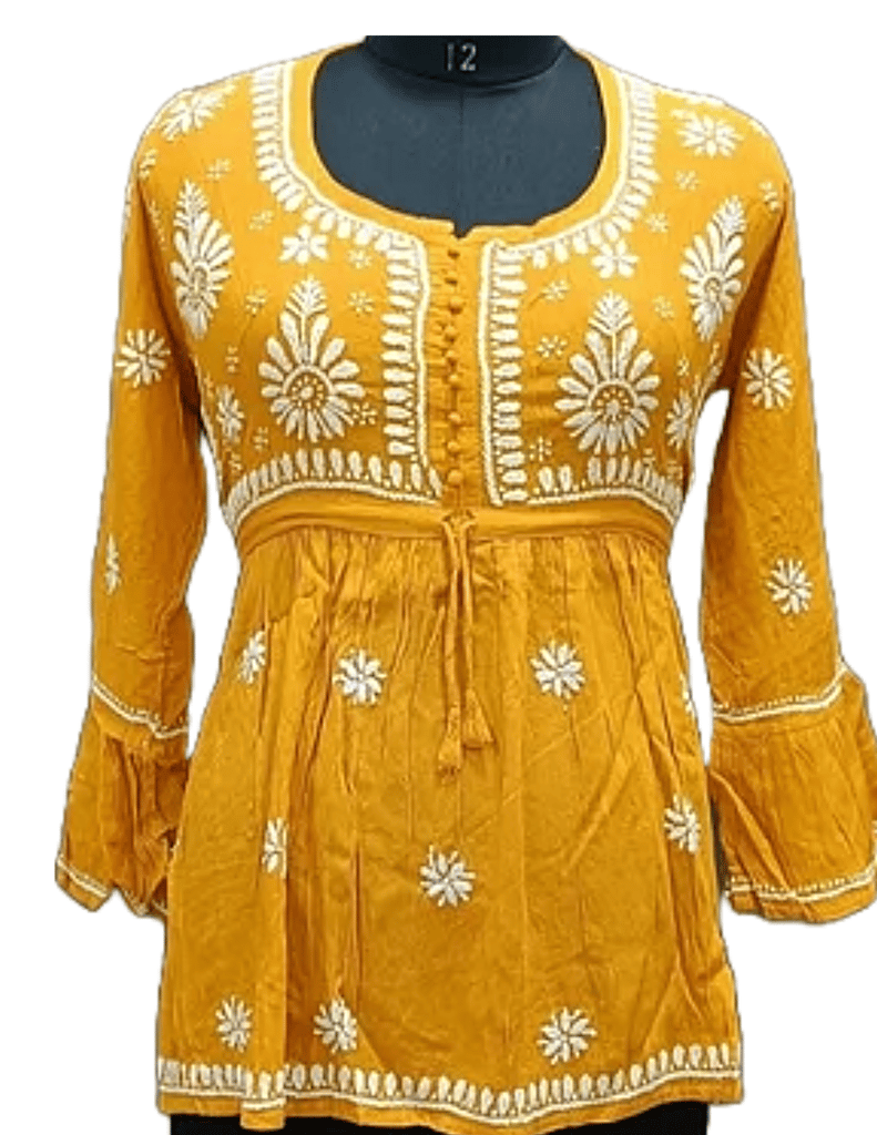 Yellow Short Kurtta Cotton Fabric With White Chikankari Embroidery