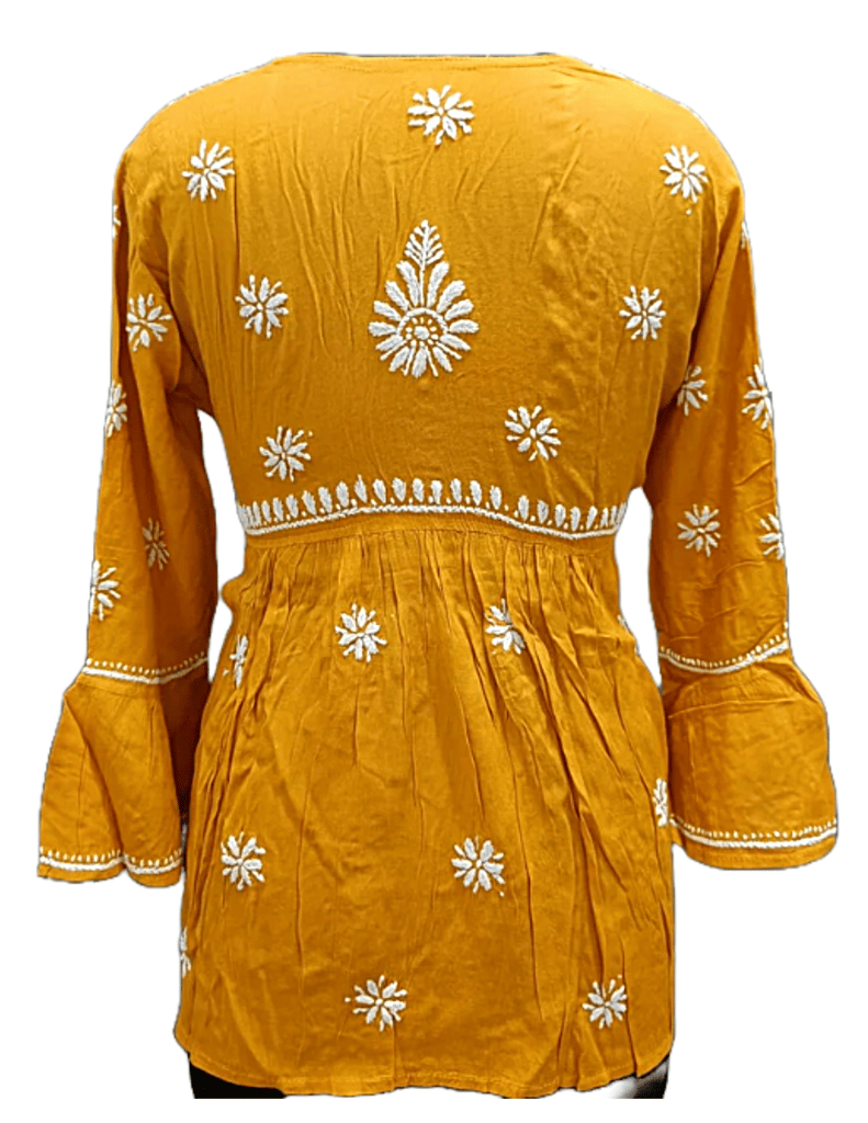 Yellow Short Kurtta Cotton Fabric With White Chikankari Embroidery