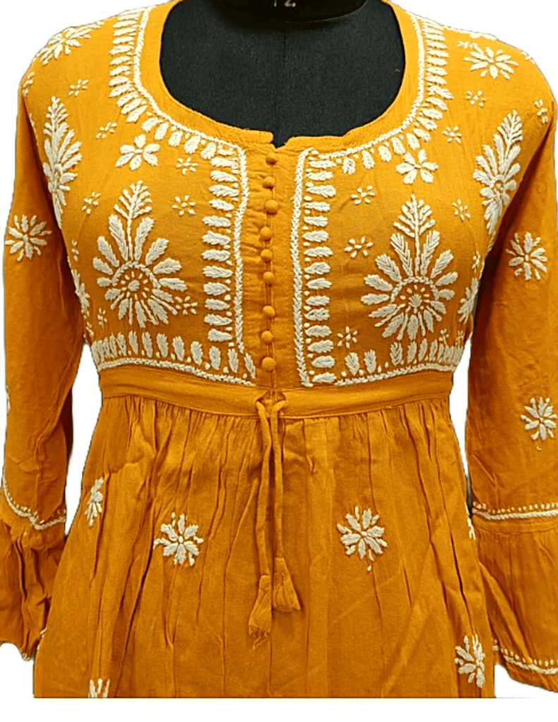Yellow Short Kurtta Cotton Fabric With White Chikankari Embroidery