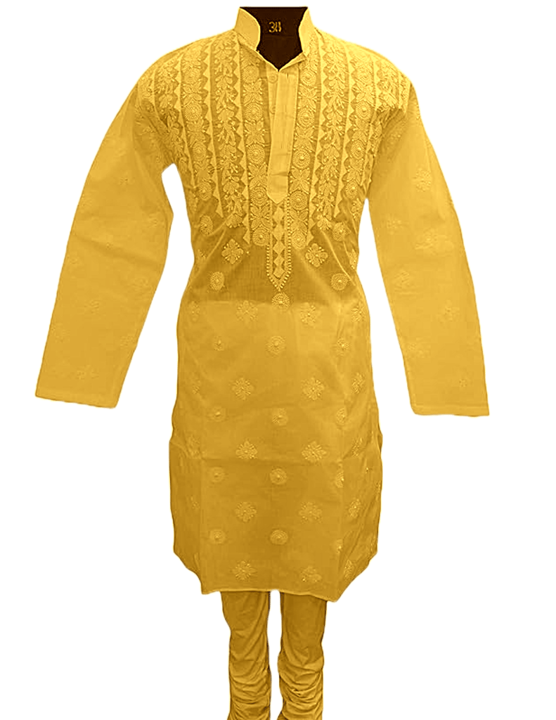 Men Yellow Chikankari kurta with Churidar Pajama