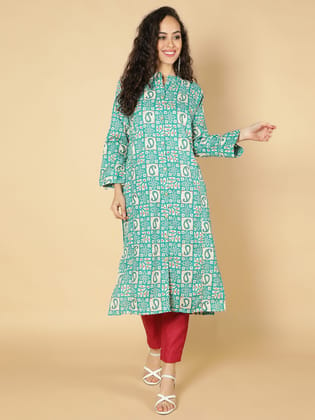 Cotton Ethnic Motifs Printed A-Line Women Kurta (Turquoise)