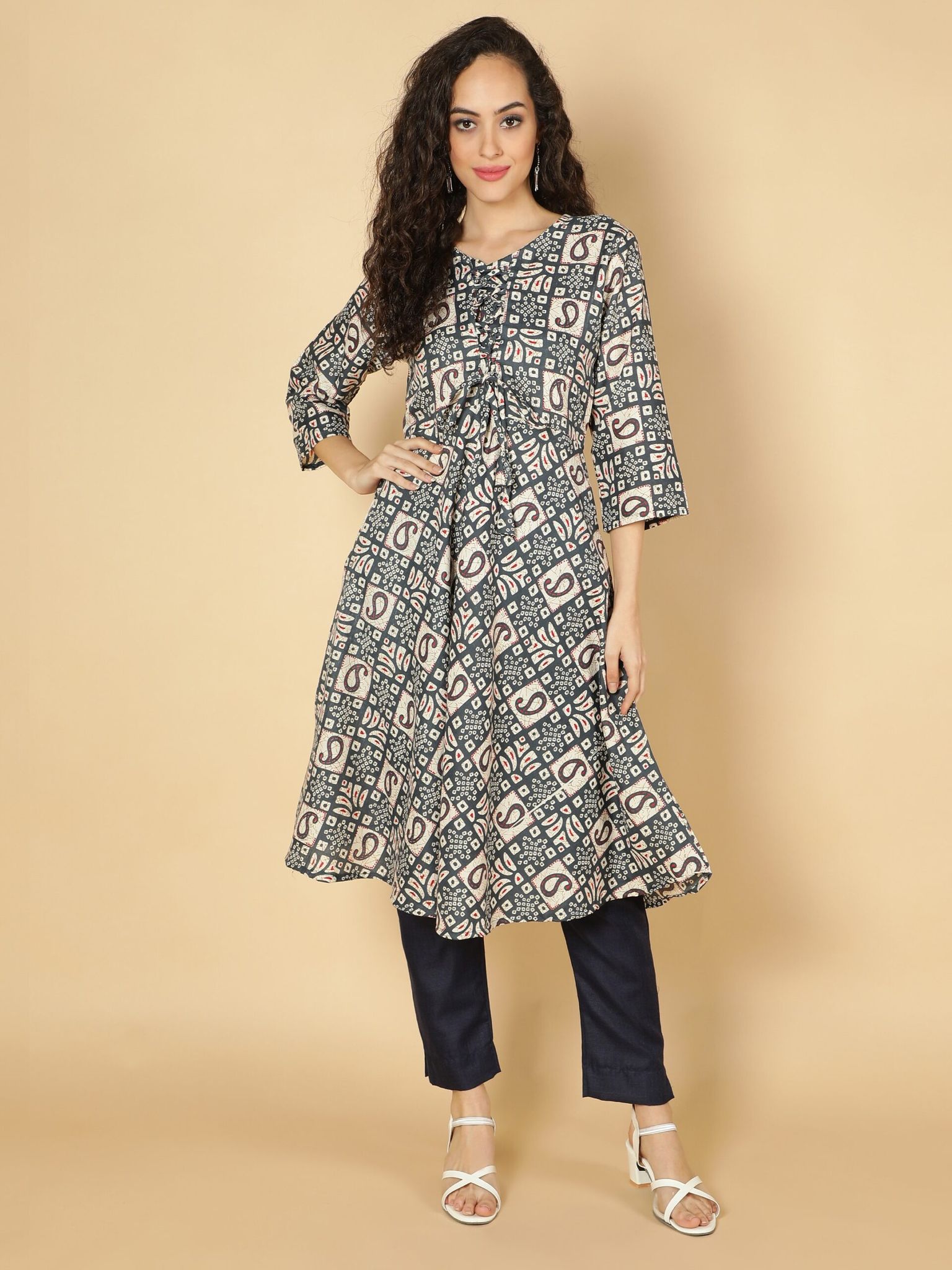 Cotton Ethnic Motifs Printed Anarkali Women Kurta (Navy Blue)
