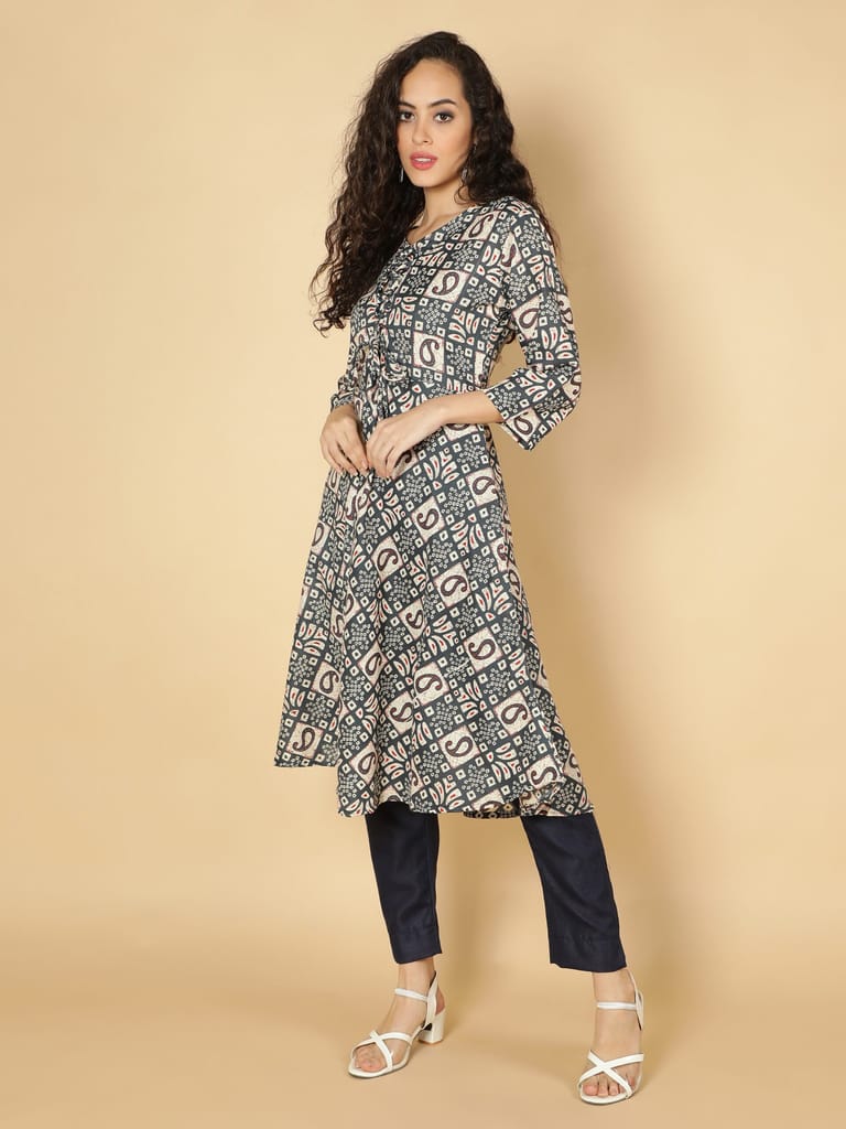 Cotton Ethnic Motifs Printed Anarkali Women Kurta (Navy Blue)