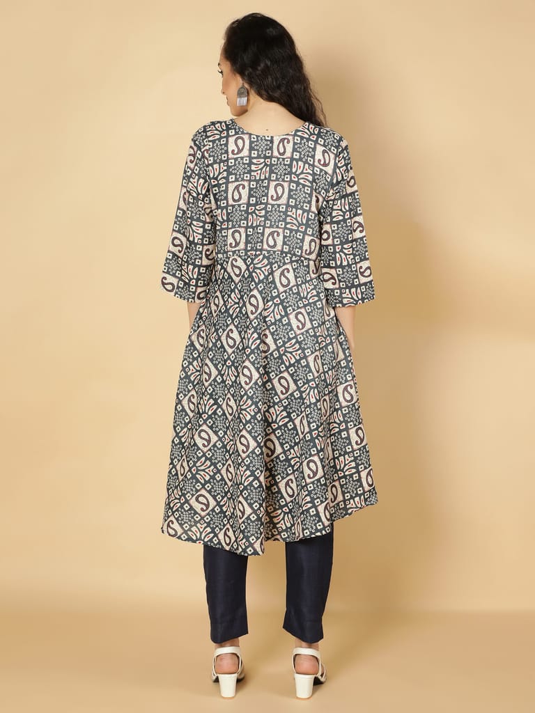 Cotton Ethnic Motifs Printed Anarkali Women Kurta (Navy Blue)
