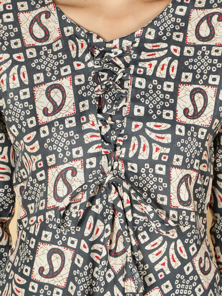 Cotton Ethnic Motifs Printed Anarkali Women Kurta (Navy Blue)