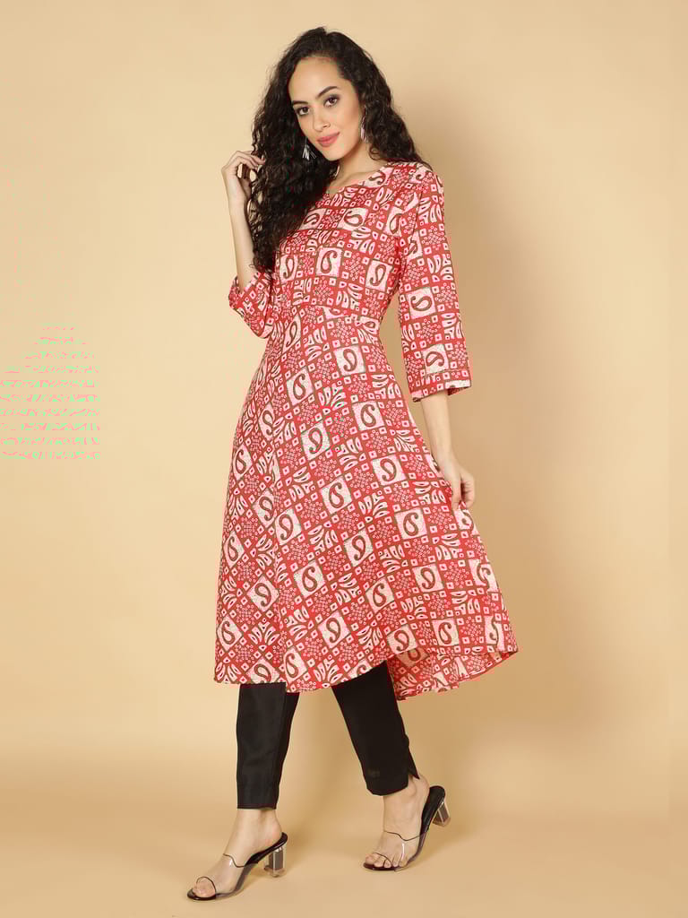 Cotton Ethnic Motifs Printed Anarkali Women Kurta (Red)