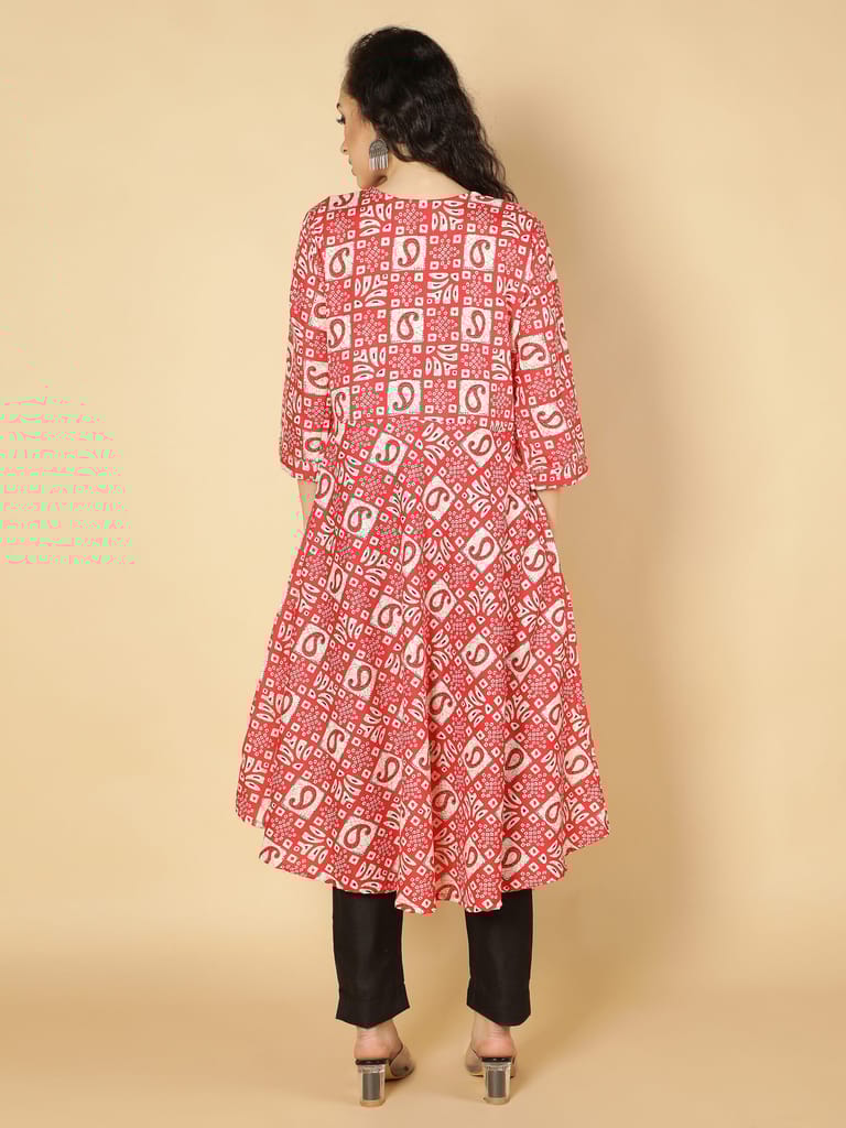 Cotton Ethnic Motifs Printed Anarkali Women Kurta (Red)