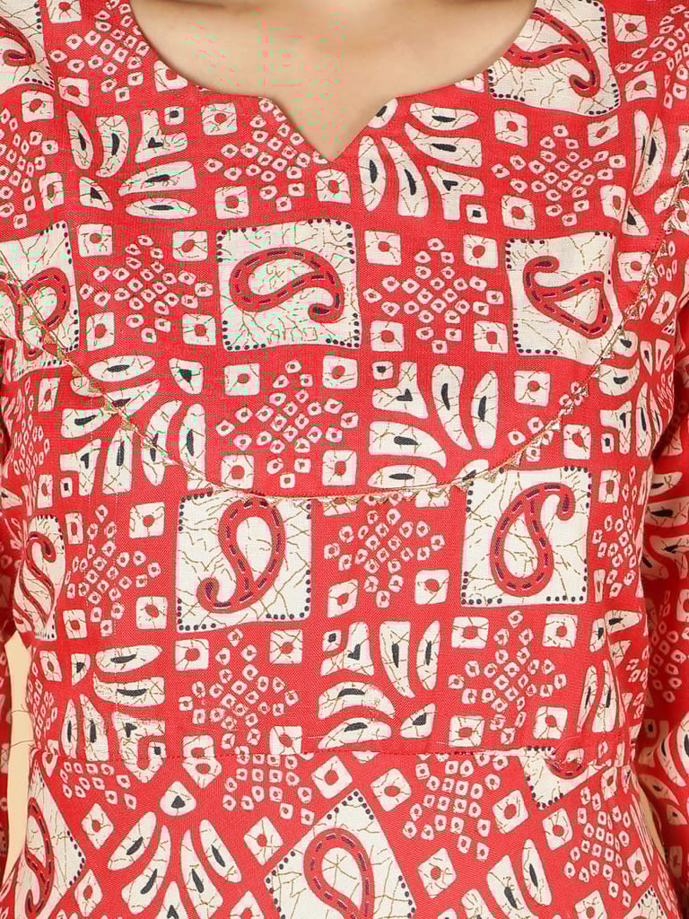 Cotton Ethnic Motifs Printed Anarkali Women Kurta (Red)