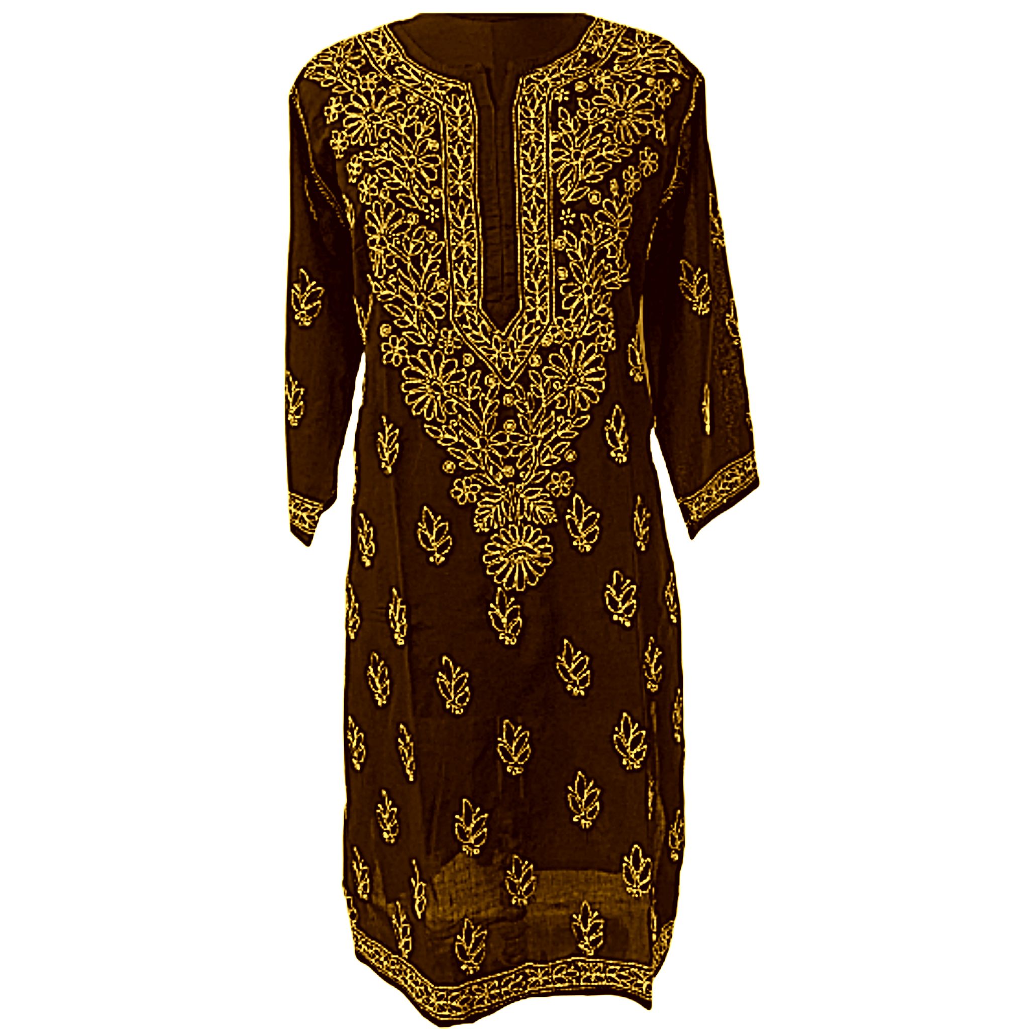 Chikankari Kurta Coffee Brown with Golden Yellow Embroidery