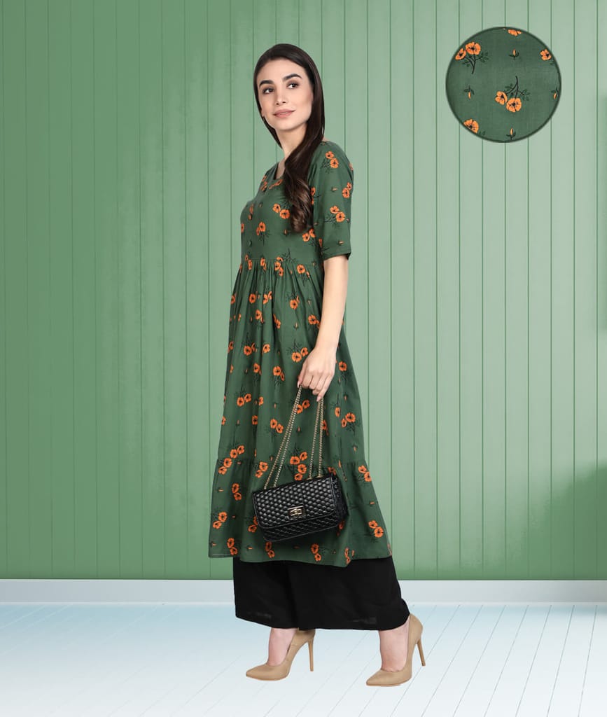 Cotton Floral Printed Flared Pleated Women Kurti (Green)