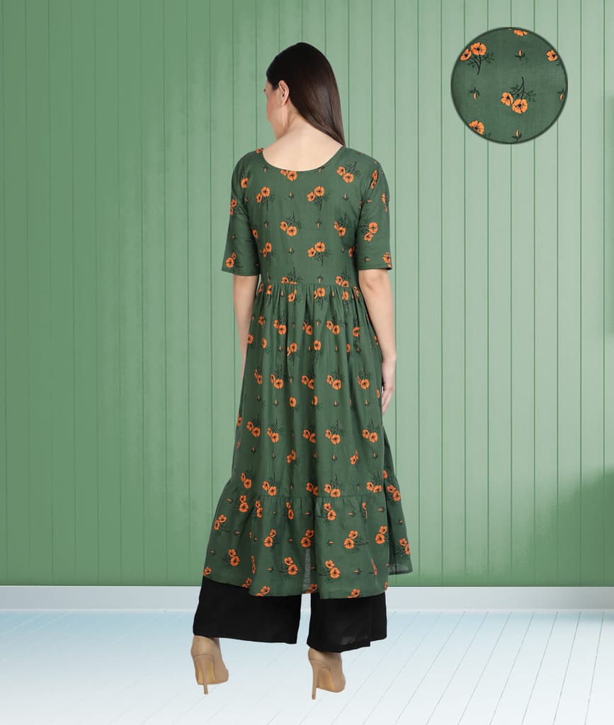 Cotton Floral Printed Flared Pleated Women Kurti (Green)