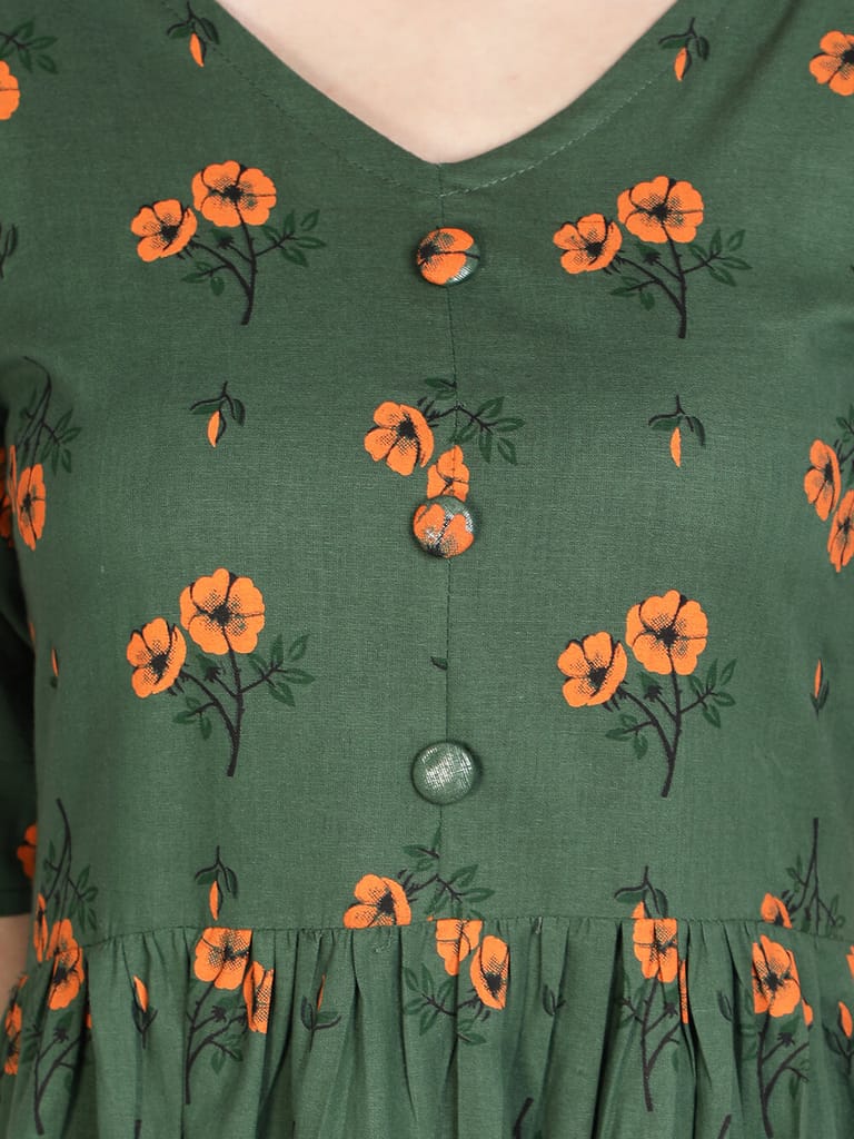 Cotton Floral Printed Flared Pleated Women Kurti (Green)