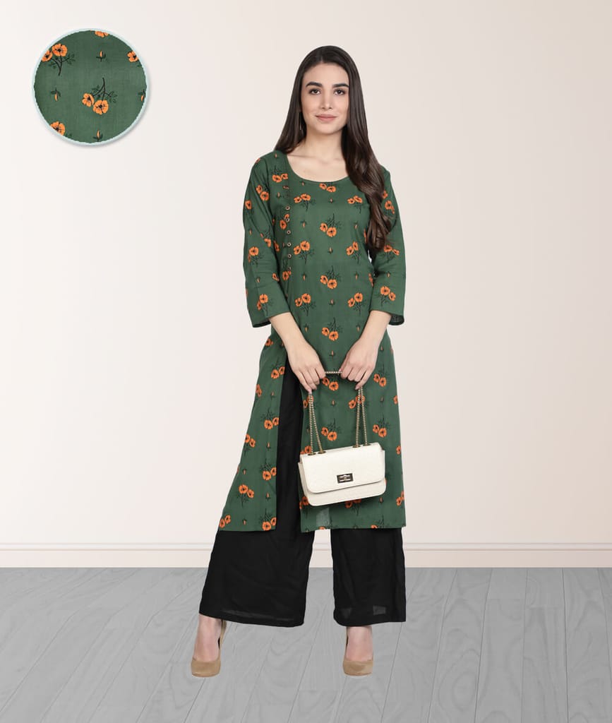 Cotton Floral Printed Front Slit Straight Ladies Kurti (Green)