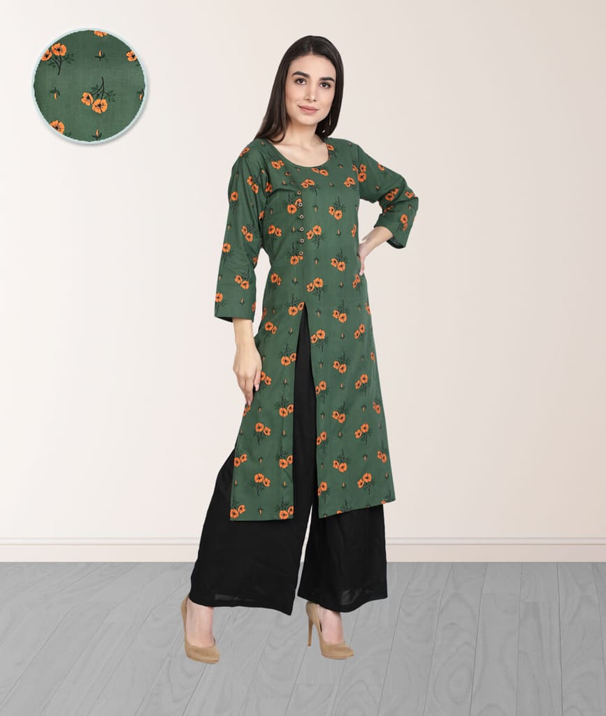 Cotton Floral Printed Front Slit Straight Ladies Kurti (Green)