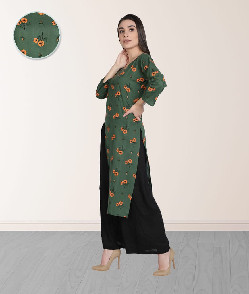 Cotton Floral Printed Front Slit Straight Ladies Kurti (Green)