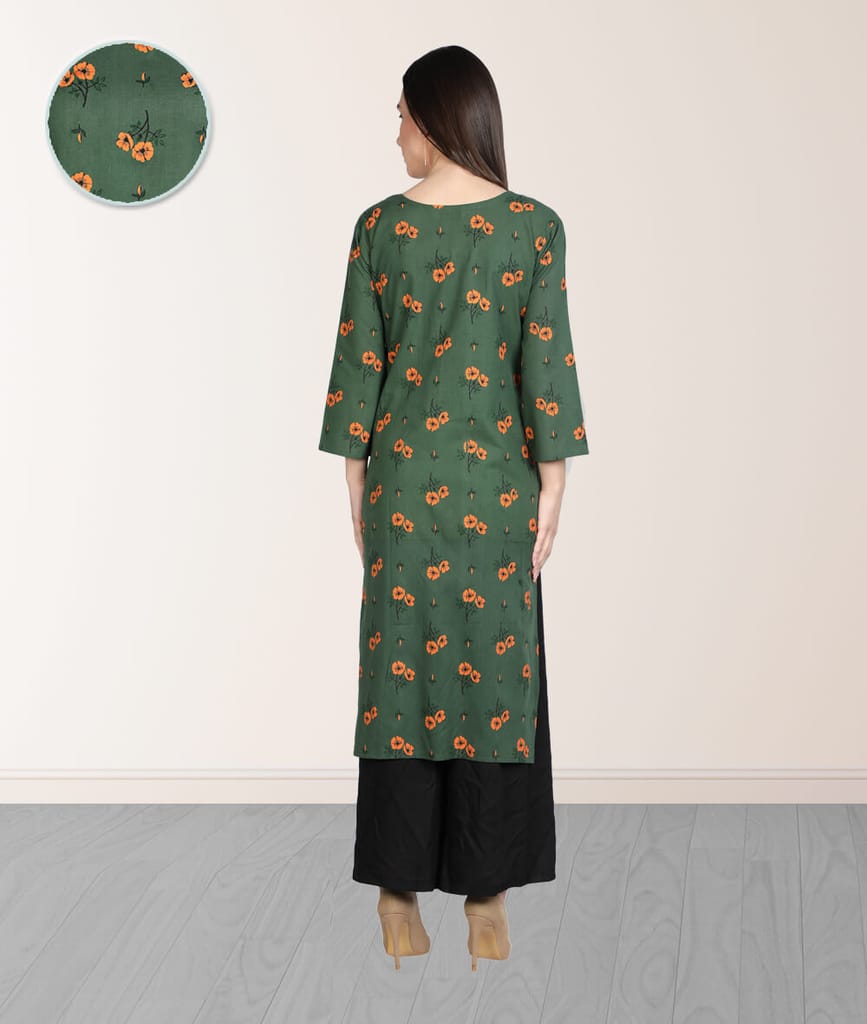 Cotton Floral Printed Front Slit Straight Ladies Kurti (Green)