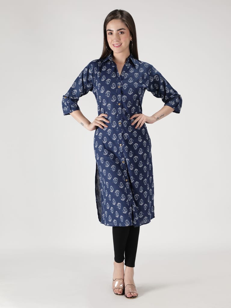 Cotton Floral Printed Straight Women Kurta (Navy Blue)