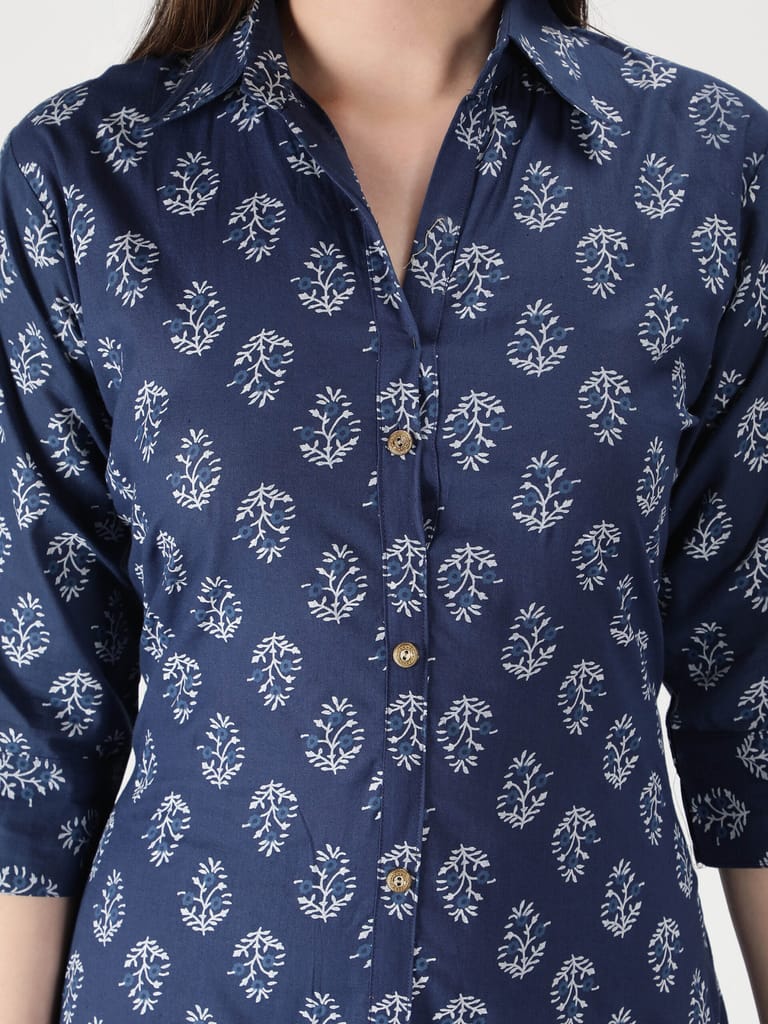 Cotton Floral Printed Straight Women Kurta (Navy Blue)