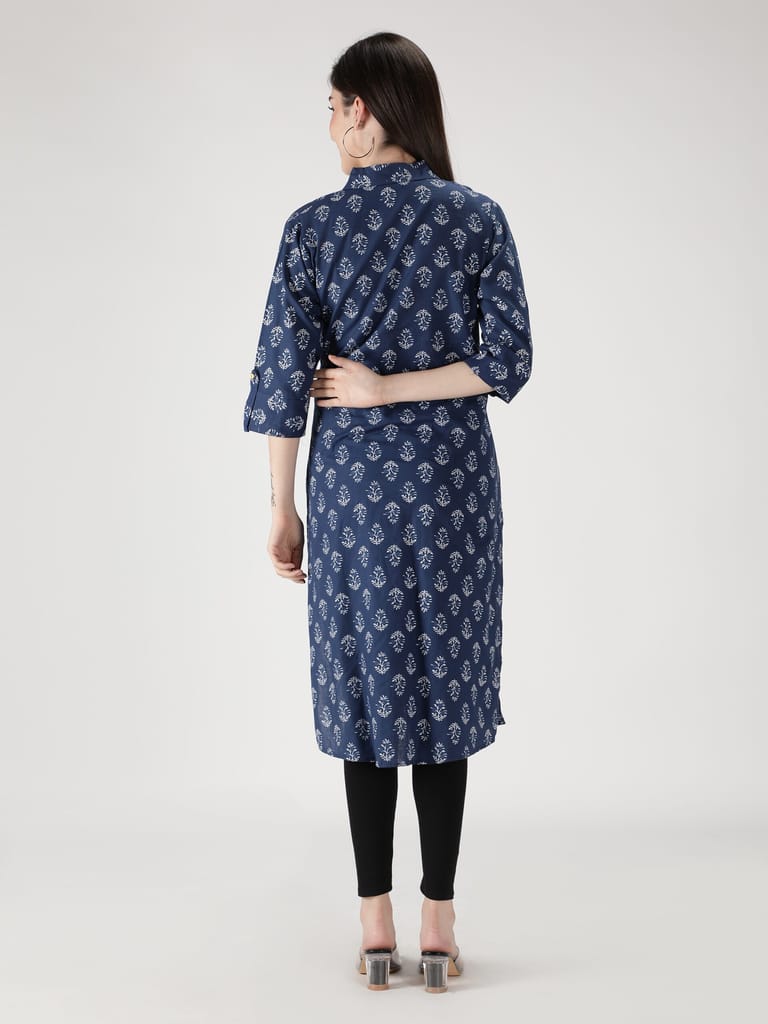 Cotton Floral Printed Straight Women Kurta (Navy Blue)