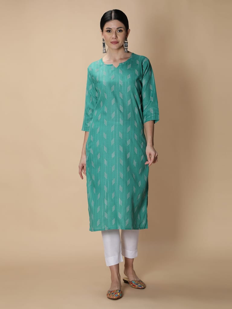 Cotton Slub Printed Straight Women Kurta (Turquoise)