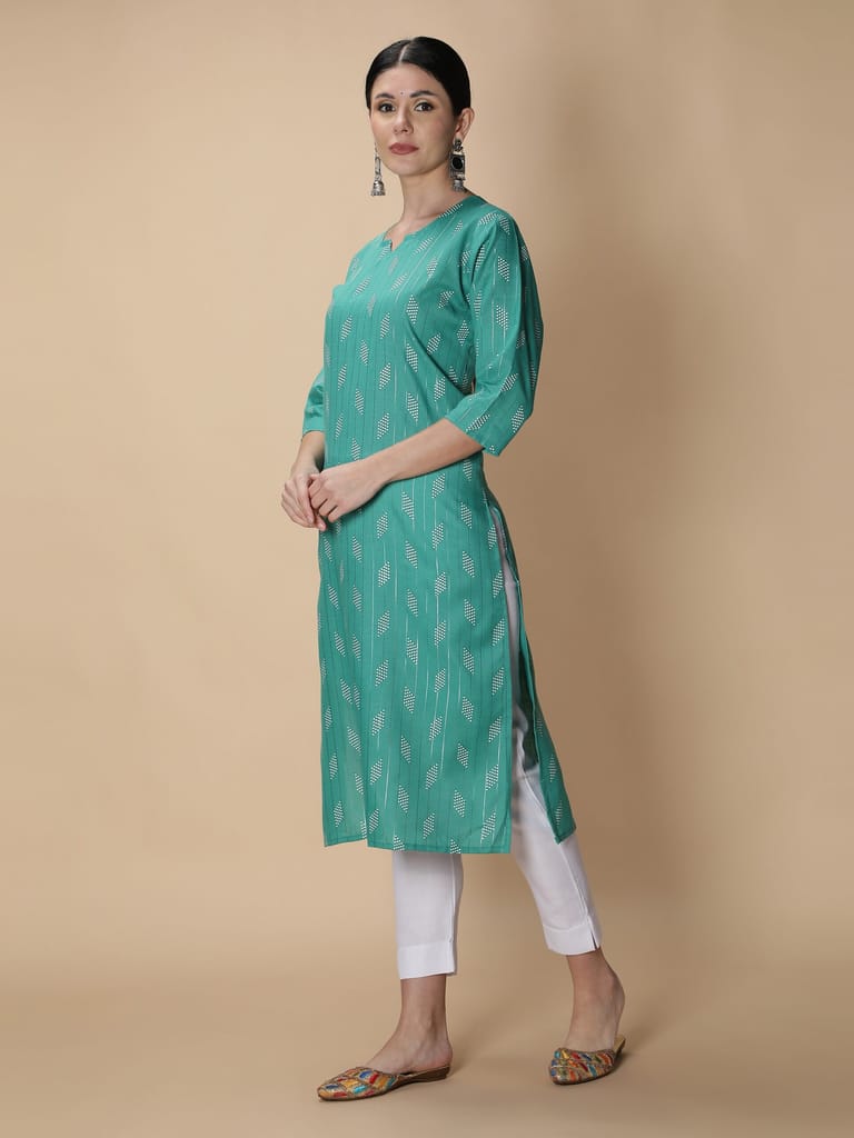 Cotton Slub Printed Straight Women Kurta (Turquoise)