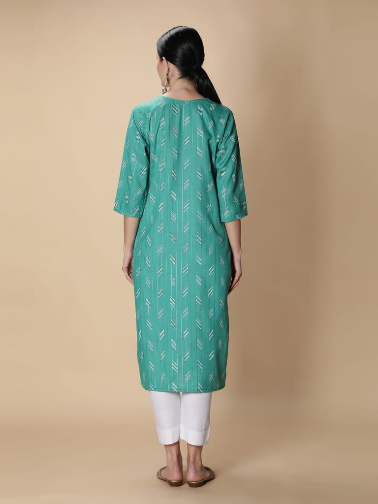 Cotton Slub Printed Straight Women Kurta (Turquoise)