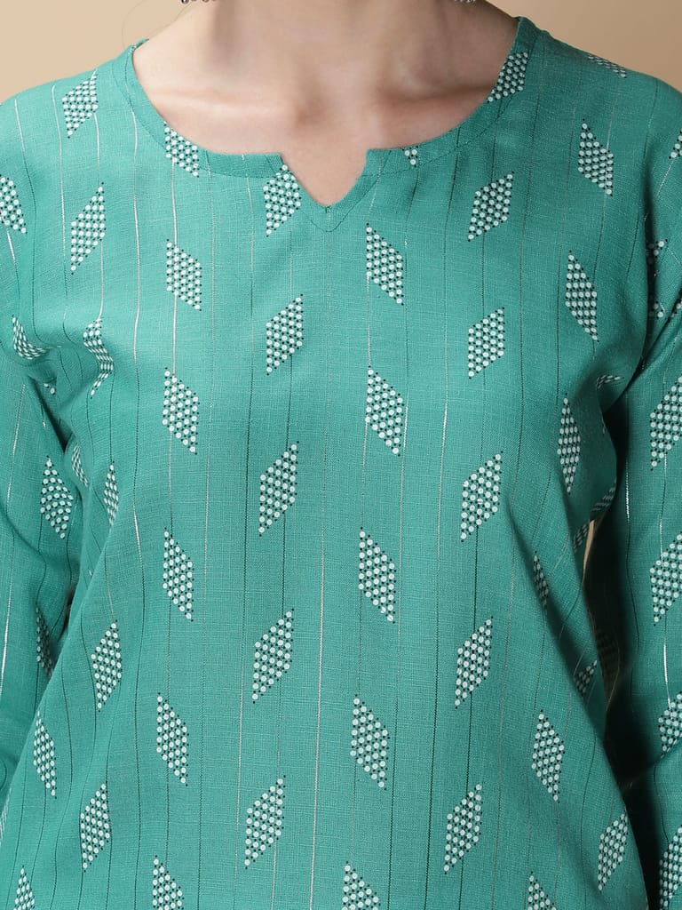 Cotton Slub Printed Straight Women Kurta (Turquoise)
