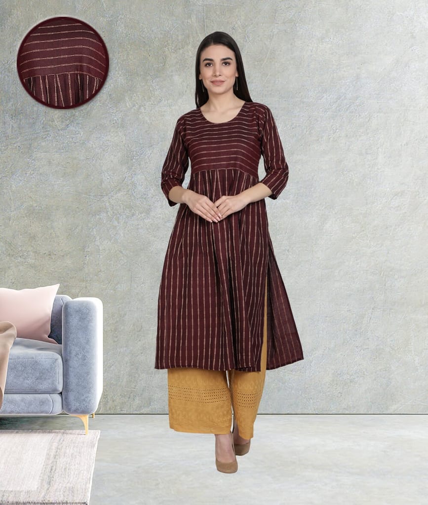 Cotton Woven Design Flared Striped Women Kurti (Wine)