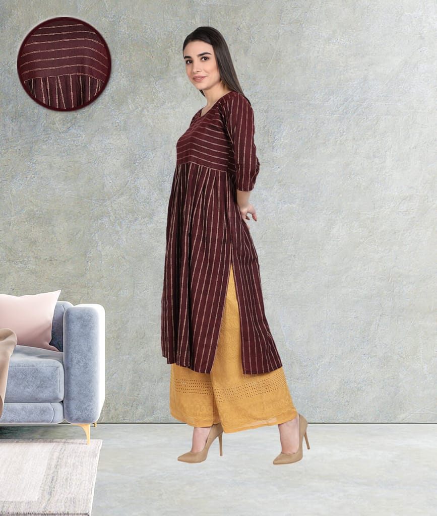 Cotton Woven Design Flared Striped Women Kurti (Wine)