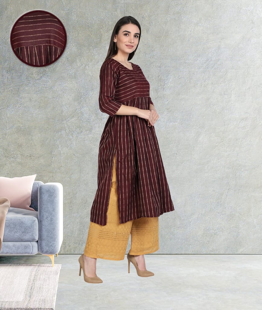 Cotton Woven Design Flared Striped Women Kurti (Wine)
