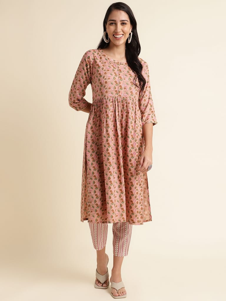 Rayon Gold Foil Printed Flared Women Designer Kurta Set (Peach)