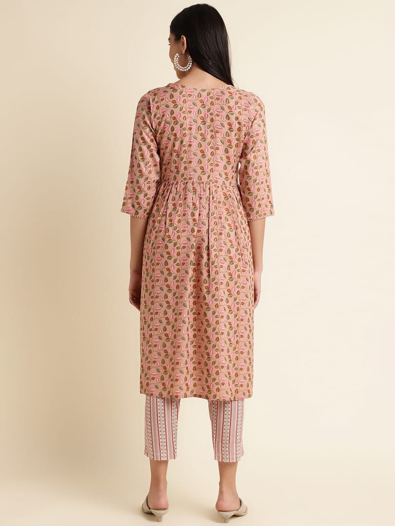 Rayon Gold Foil Printed Flared Women Designer Kurta Set (Peach)