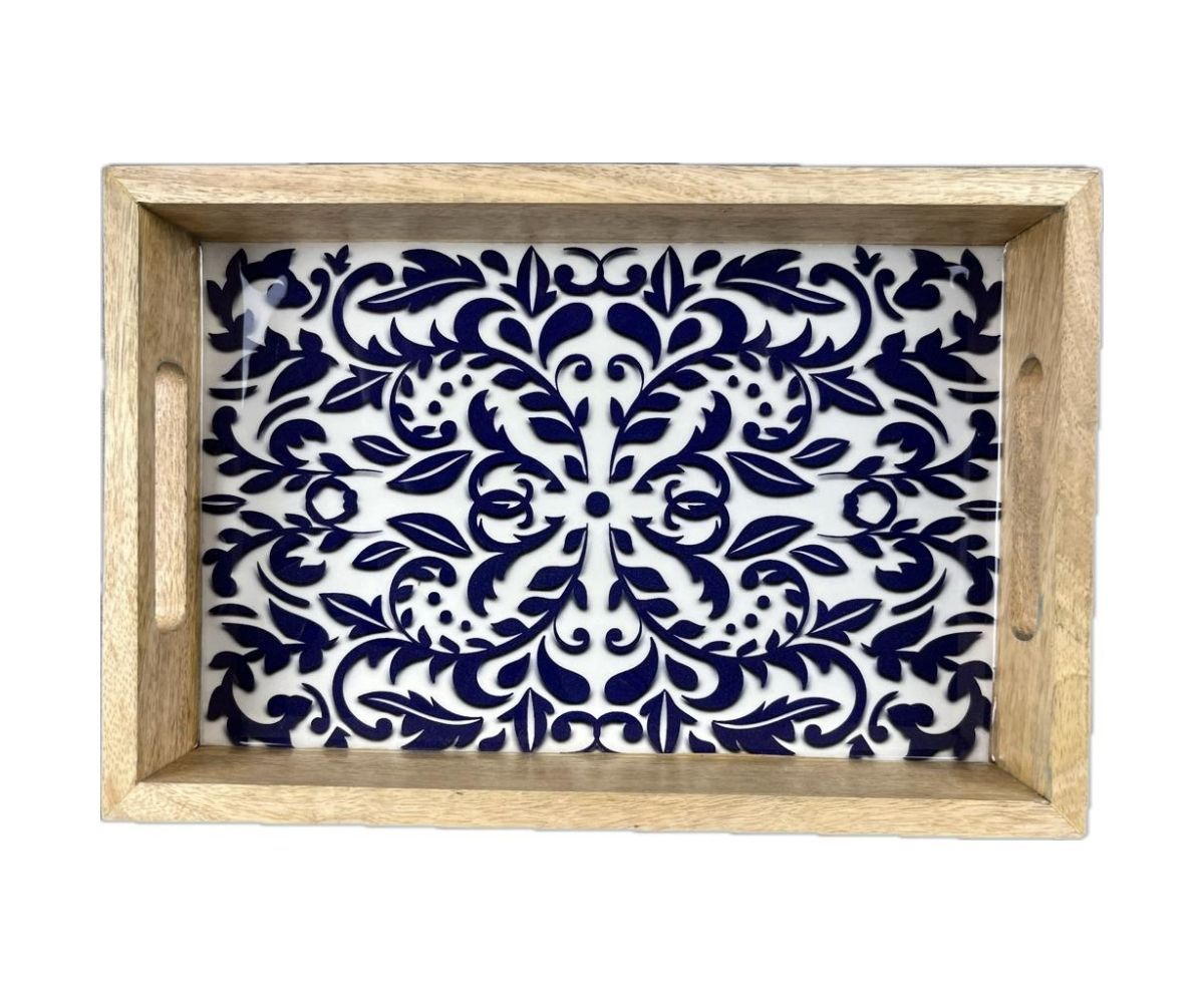 Wooden Tray Rectangular Resin Coated Blue Pottery
