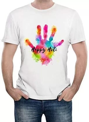 UrbanOasis Holi hand Printed Round Neck Cotton Blend White T-Shirt (Pack 1)