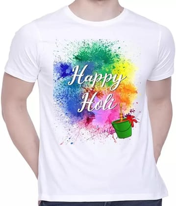 UrbanOasis Holi hand Printed Round Neck Cotton Blend White Free Size T-Shirt (Pack 1)