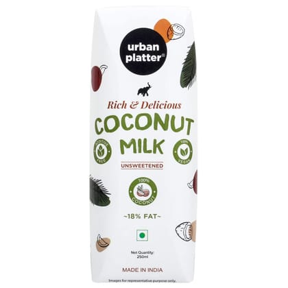Urban Platter Unsweetened Coconut Milk, 250ml [18% Fat, Additive-free, Made in India, 100% Pure, Clean label]