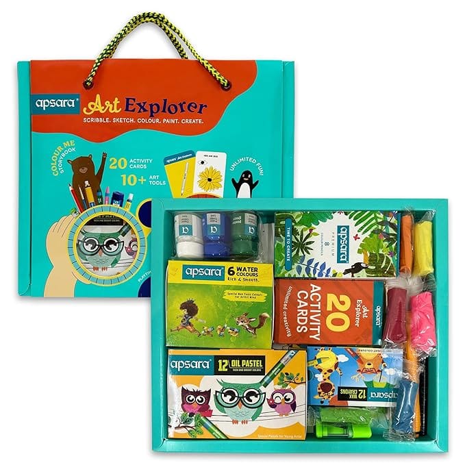 Apsara Art Explorer Kit, 20 Activity Cards for Creativity, Color Pencils, 12 Oil Pastel Colors, 12 Wax Crayons Colors, 1 Color Me Book, for 3-7 Ages Children, Fun Kit for Children, Ideal for Gifting - Stationery | Buy online on ZillyBuy