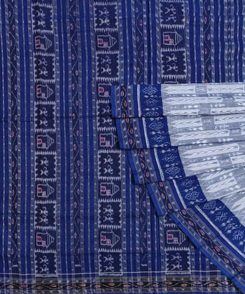 Gray Blue Sambalpuri Handwoven Single Ikat Cotton Saree