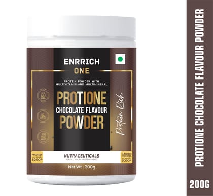 ENRRICH ONE PROTIONE POWDER CHOCOLATE FLAVOUR, PROTEIN POWDER WITH MULTIVITAMINS AND MULTIMINERALS PACK OF 200GM.