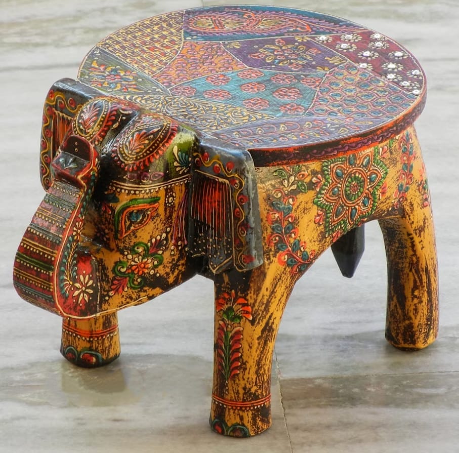 Shri Karni Handicrafts Wood Decorative Rajastani Hand Painted Elephant Stool Home Decorative Items in Living Room, Bedroom | Showpiece Gifts
