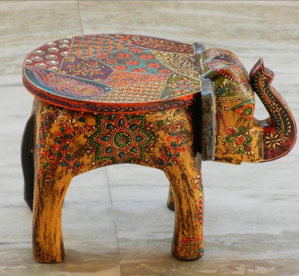 Shri Karni Handicrafts Wood Decorative Rajastani Hand Painted Elephant Stool Home Decorative Items in Living Room, Bedroom | Showpiece Gifts