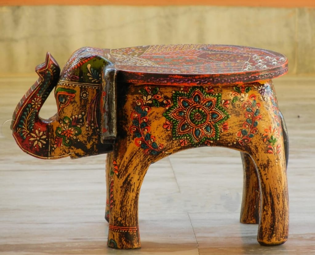 Shri Karni Handicrafts Wood Decorative Rajastani Hand Painted Elephant Stool Home Decorative Items in Living Room, Bedroom | Showpiece Gifts