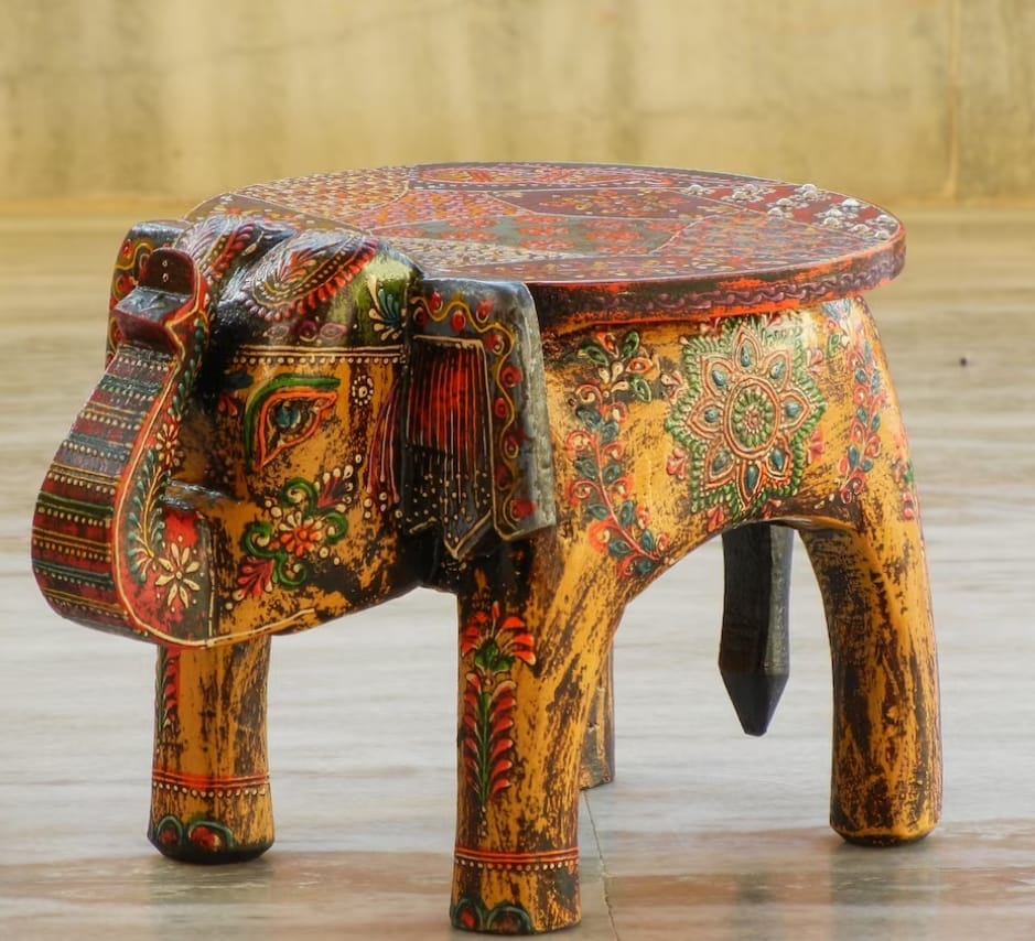 Shri Karni Handicrafts Wood Decorative Rajastani Hand Painted Elephant Stool Home Decorative Items in Living Room, Bedroom | Showpiece Gifts