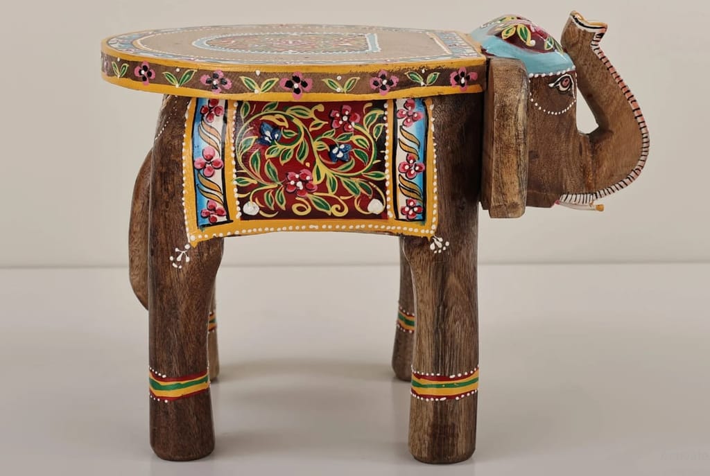 Shri Karni Handicrafts Wood Decorative Rajastani Hand Painted Elephant Stool Home Decorative Items in Living Room, Bedroom | Showpiece Gifts