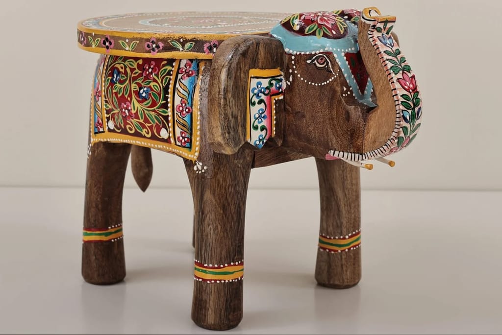 Shri Karni Handicrafts Wood Decorative Rajastani Hand Painted Elephant Stool Home Decorative Items in Living Room, Bedroom | Showpiece Gifts