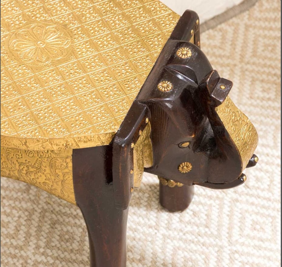 Shri Karni Handicrafts Wood Brass Decorative Rajastani Hand Polished Elephant Stool Home Decorative Items in Living Room, Bedroom | Showpiece Gifts